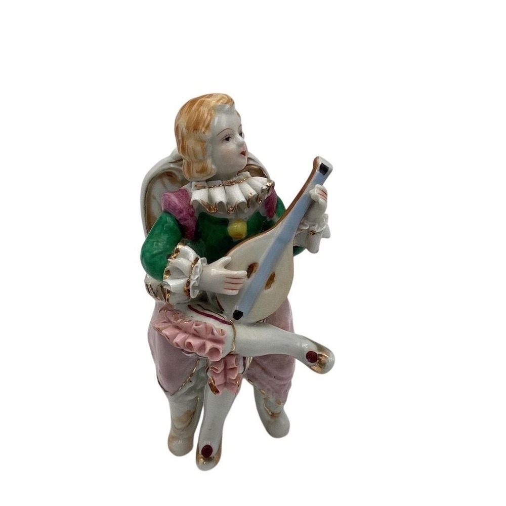 Vintage Wales Porcelain Figurine Boy Playing Mandolin Hand-Painted 1940s